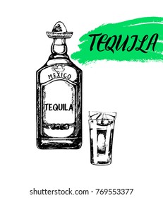 Set of hand drawn sketch style tequila bottle and tequila shot. Vector illustration isolated on white background.