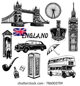 Set of hand drawn sketch style England themed objects. Vector illustration isolated on white background.