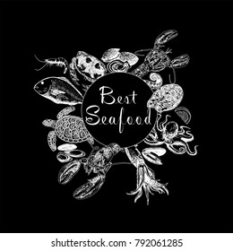 Set of hand drawn sketch style seafood. Vector illustration. Isolated objects.