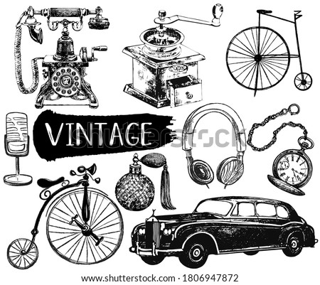 Set of hand drawn sketch style different vintage objects isolated on white background. Vector illustration.