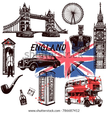 Set of hand drawn sketch style England themed objects. Vector illustration isolated on white background.