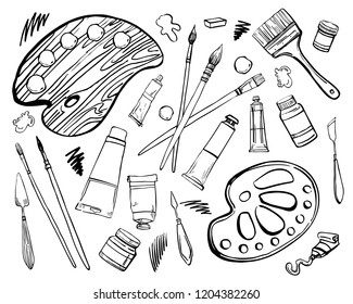 Set of hand drawn sketch vector artist materials. Black and white stylized illustration with paint tools. Brushes, tubes of paint, palette and knives isolated on white background