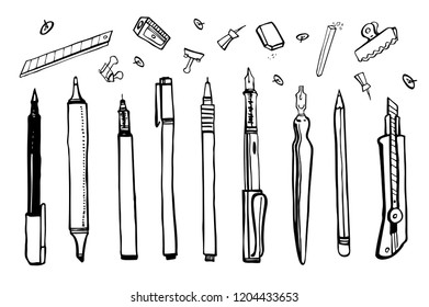 Set of hand drawn sketch vector artist materials. Black and white stylized illustration with drawing tools. Pens, pencils, markers, liners and knife isolated on white background