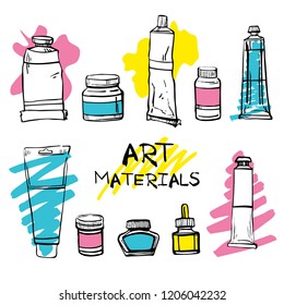 Set of hand drawn sketch vector artist materials. Black and white stylized illustration with color stains. Tubes and containers with paints isolated on white background