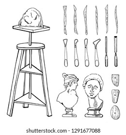 Set of hand drawn sketch vector sculptor artist materials. Black and white stylized illustration with tools - stacks, table, chisels and heads  isolated on white background
