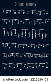 Set of hand drawn sketch white garlands with stars and light bulbs on dark blue background. Vector illustration.