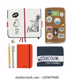 Set of hand drawn sketchbooks. Flat style notebooks for artists. Art book, travel journal in a cover with stickers, spread with sketches, liner, pencil and eraser. Vector illustration.