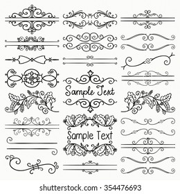 Set of Hand Drawn Sketched Black Doodle Design Elements. Decorative Floral Rustic Dividers, Borders, Swirls, Scrolls, Text Frames. Vintage Vector Illustration.