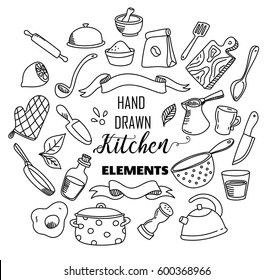 Set of hand drawn sketched kitchen staff. Kitchen and cooking design elements on the white background. 