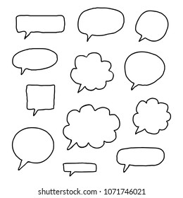 Set of hand drawn sketched speech bubbles isolated on white background.
