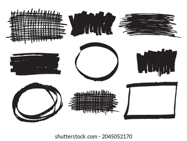 Set of hand drawn sketched square and round frames isolated on a white background. Collection of design elements, templates, frame for text, strokes drawn with a marker or a pen.
