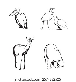 Set of hand drawn sketches of animals and birds with brush, isolated on white background. Vector illustration