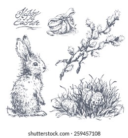 Set of hand drawn sketches of easter rabbit, colored eggs in grass and pussy-willow twigs. Vector vintage line art illustration on texture paper. Happy easter lettering. 
