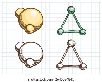 Set of hand drawn sketches featuring colored and black-and-white versions of atomic and molecular models. Vintage school style on squared notebook paper, ideal for educational and scientific designs.