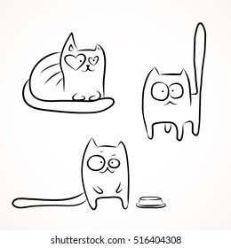 Set of hand drawn sketches of funny cats isolated over white.