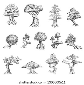 Set of hand drawn sketches of old trees or decorative japan bonsai trees isolated on white background. Vector vintage retro illustration.