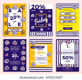 Set of hand drawn sketches posters, banner for cafe, restaurant in modern hipster style. Business offers for social media, email and newsletter designs, ads. Vector illustration EPS 10.