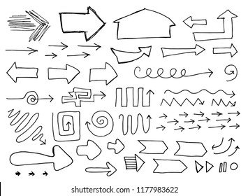 Set of Hand Drawn Sketchy Arrows Isolated on White Baclground. Handdrawn Artistic Vector Arrow Collection or Doodle Sketch Direction Elements for Business and Web Design