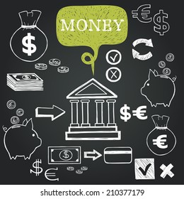 Set of hand drawn sketchy business icons on chalkboard background. Money related images.
