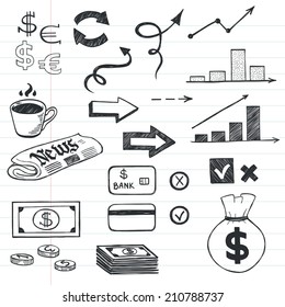 Set of hand drawn sketchy business icons on lined notebook paper background. Money related images.