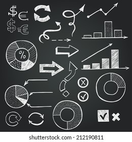 Set of hand drawn sketchy business icons on chalkboard background. Stock market related images.