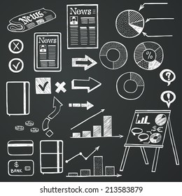 Set of hand drawn sketchy business icons on chalkboard background. Business doodle infographic images.