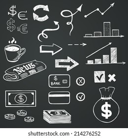Set of hand drawn sketchy business icons on chalkboard background. Stock market related images.