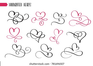 Set of hand drawn sketchy calligraphy hearts. Vector grunge style flourish collection. Illustration of the hand drawn hearts on the white background.