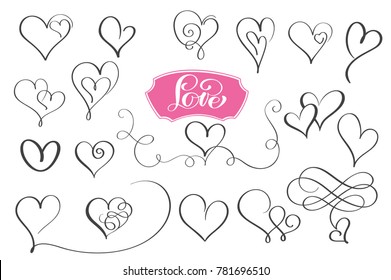 Set of hand drawn sketchy calligraphy hearts. Vector grunge style flourish collection. Illustration of the hand drawn hearts on the white background.