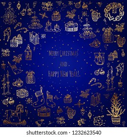 Set of hand drawn sketchy christmas elements Doodle vector illustration elements Candles gift boxes christmas tree wreath stocking candy canes cookie bells holly decoration calligraphy Merry Christmas