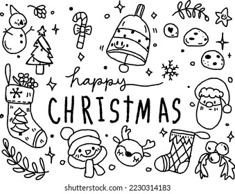 Set of hand drawn sketchy christmas elements. Doodle sketch vector illustration. Christmas tree, deer, Santa, snowflake cupcake