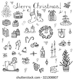 Set of hand drawn sketchy christmas elements Doodle vector illustration elements Candles gift boxes christmas tree wreath stocking candy canes cookie bells holly decoration calligraphy Merry Christmas