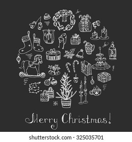 Set of hand drawn sketchy christmas elements Doodle vector illustration elements Candles gift boxes christmas tree wreath stocking candy canes cookie bells holly decoration calligraphy Merry Christmas