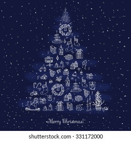 Set of hand drawn sketchy christmas elements Doodle vector illustration elements Candles gift boxes christmas tree wreath stocking candy canes cookie bells holly decoration calligraphy Merry Christmas
