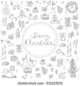 Set of hand drawn sketchy christmas elements Doodle vector illustration elements Candles gift boxes christmas tree wreath stocking candy canes cookie bells holly decoration calligraphy Merry Christmas