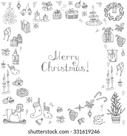 Set of hand drawn sketchy christmas elements Doodle vector illustration elements Candles gift boxes christmas tree wreath stocking candy canes cookie bells holly decoration calligraphy Merry Christmas