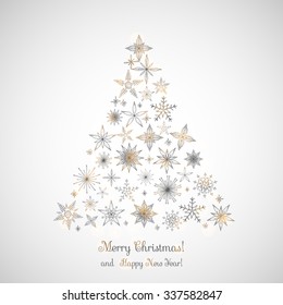 Set of hand drawn sketchy Christmas snowflakes and stars in Christmas tree shape on white background Doodle vector illustration elements holly decoration calligraphy Merry Christmas and Happy New Year