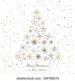 Set of hand drawn sketchy Christmas snowflakes and stars in Christmas tree shape on white background Doodle vector illustration elements holly decoration calligraphy Merry Christmas and Happy New Year