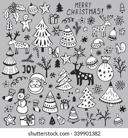 Set of hand drawn sketchy christmas elements. Doodle sketch vector illustration. Christmas tree, deer, Santa, snowflake