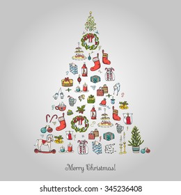 Set of hand drawn sketchy christmas elements Doodle vector illustration elements Candles gift boxes christmas tree wreath stocking candy canes cookie bells holly decoration calligraphy Merry Christmas