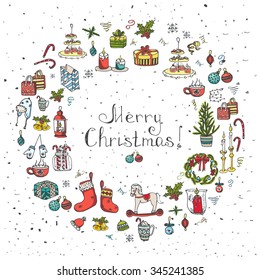 Set of hand drawn sketchy christmas elements Doodle vector illustration elements Candles gift boxes christmas tree wreath stocking candy canes cookie bells holly decoration calligraphy Merry Christmas