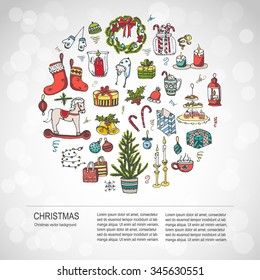 Set of hand drawn sketchy christmas elements Doodle vector illustration elements Candles gift boxes christmas tree wreath stocking candy canes cookie bells holly decoration calligraphy Merry Christmas