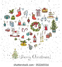 Set of hand drawn sketchy christmas elements Doodle vector illustration elements Candles gift boxes christmas tree wreath stocking candy canes cookie bells holly decoration calligraphy Merry Christmas