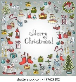 Set of hand drawn sketchy christmas elements Doodle vector illustration elements Candles gift boxes christmas tree wreath stocking candy canes cookie bells holly decoration calligraphy Merry Christmas