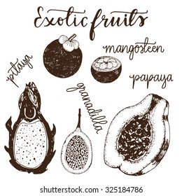 Set of hand drawn sketchy exotic fruits illustration in a vintage style.