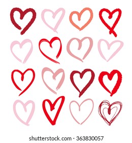 Set of hand drawn sketchy hearts. Vector grunge style icons collection. Illustration of the hand drawn hearts on the white background.