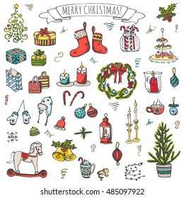 Set of hand drawn sketchy Merry Christmas elements. Doodle vector illustration elements: Candles, gift boxes, wreath, stocking, christmas tree, candy, canes, bells, holly decoration. Happy Holidays!