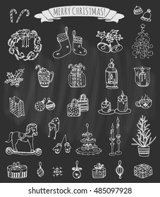 Set of hand drawn sketchy Merry Christmas elements. Doodle vector illustration elements: Candles, gift boxes, wreath, stocking, christmas tree, candy, canes, bells, holly decoration. Happy Holidays!