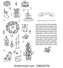 Set of hand drawn sketchy Merry Christmas elements. Doodle vector illustration elements: Candles, gift boxes, wreath, stocking, christmas tree, candy, canes, bells, holly decoration. Happy Holidays!