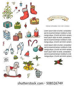 Set of hand drawn sketchy Merry Christmas elements. Doodle vector illustration elements: Candles, gift boxes, wreath, stocking, christmas tree, candy, canes, bells, holly decoration. Happy Holidays!